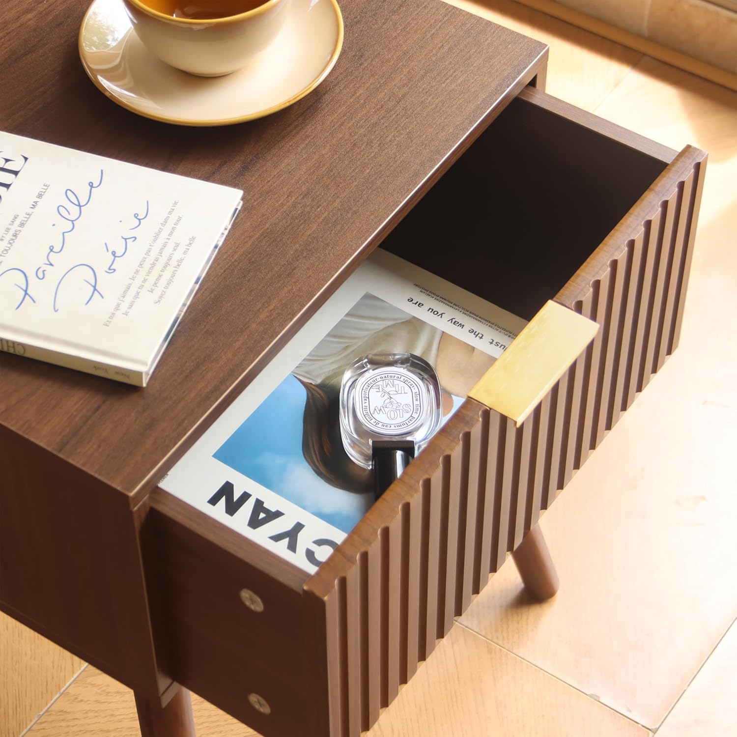 AWASEN Night Stand, Small End Tables Living Room, Mid Century Modern Nightstand Accent Bedside Table with Fluted Drawer for Bedroom and Small Space, Walnut Brown