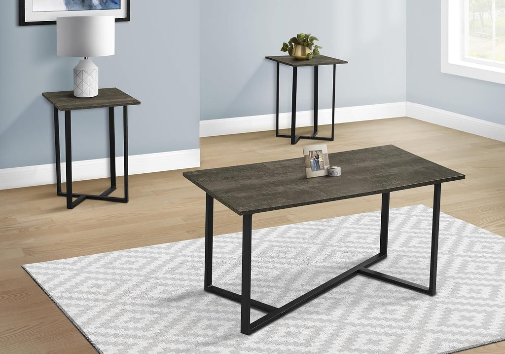 Table Set, 3pcs Set, Coffee, End, Living Room, Dark Brown Laminate, Black Metal,