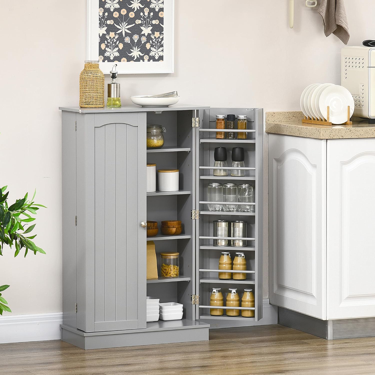 41" Kitchen Pantry Storage Cabinet, Freestanding Kitchen Cabinet with 12 Door Shelves, Double Doors, 5-Tier Shelving and Adjustable Shelves, Paper Gray,11.8 * 23.6 * 40.9