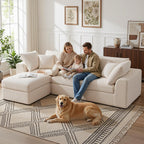 Benazcap 110" Cloud Sectional Couches for Living Room, L-Shaped Convertible Sofa, 3-Seat Modular Boneless Couch with Movable Ottoman, Beige