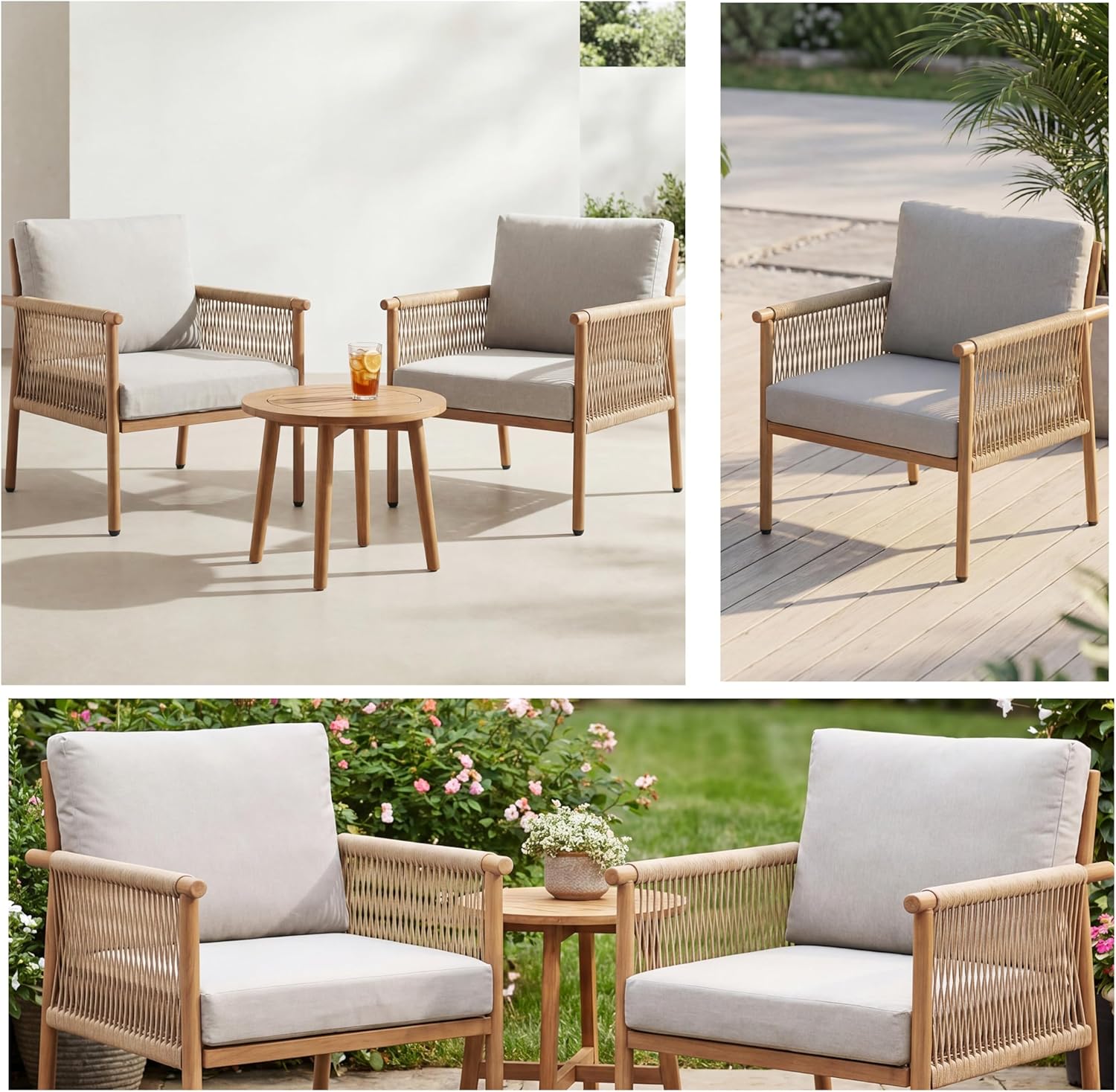 Outdoor Accent Chair, Patio Lounge Chair Set of 2, Hand-Woven Rope with Waterproof Cushions, All-Weather Patio Accent Chairs for Garden, Balcony, Poolside, Grey+Mocha Rope