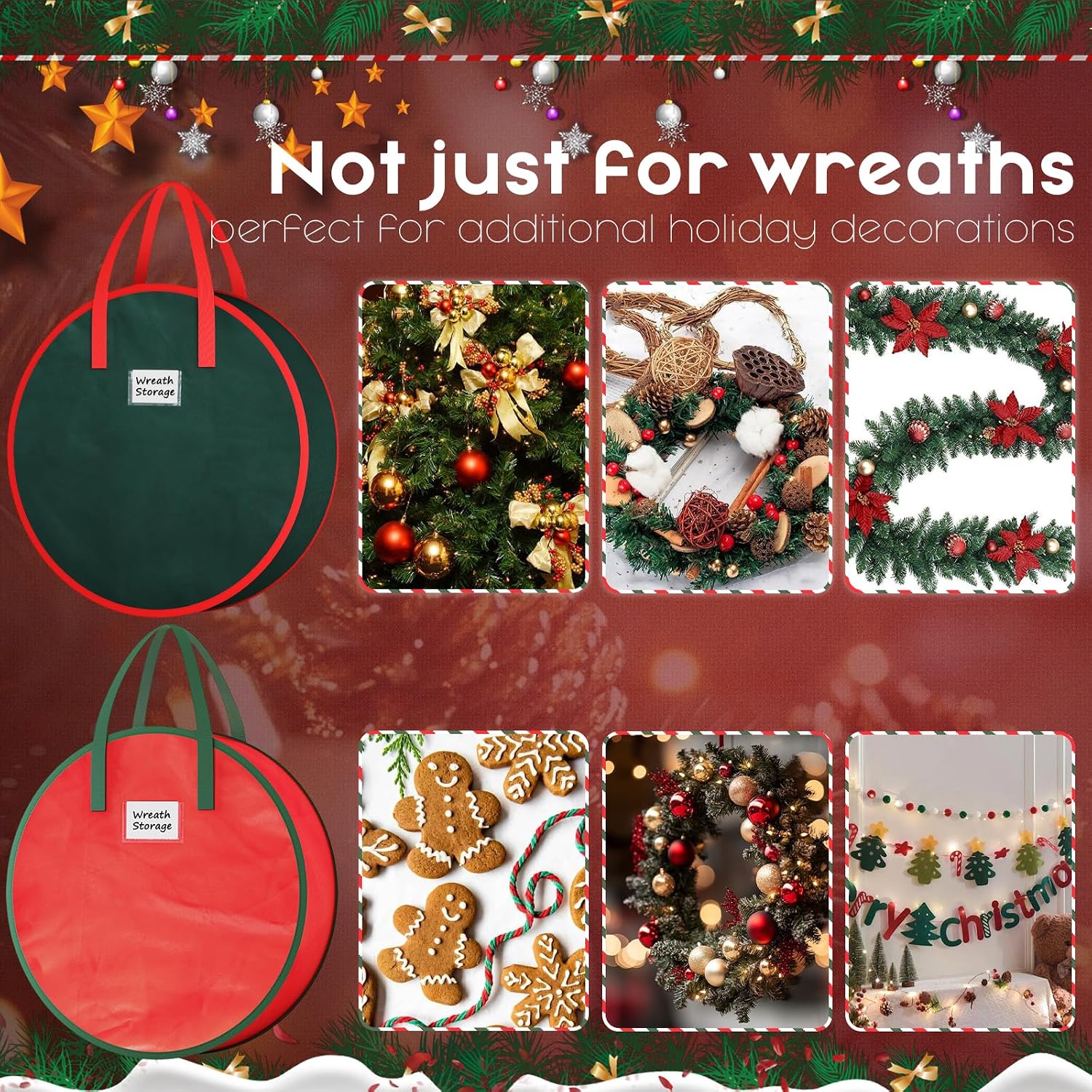 Criusia Wreath Storage Container, 2 Pack Christmas Wreath Storage Bag with Sturdy Handle, Two-way Zipper,Durable Wreath Storage Organizer Box for Holiday Decoration (Green, 36"x8")