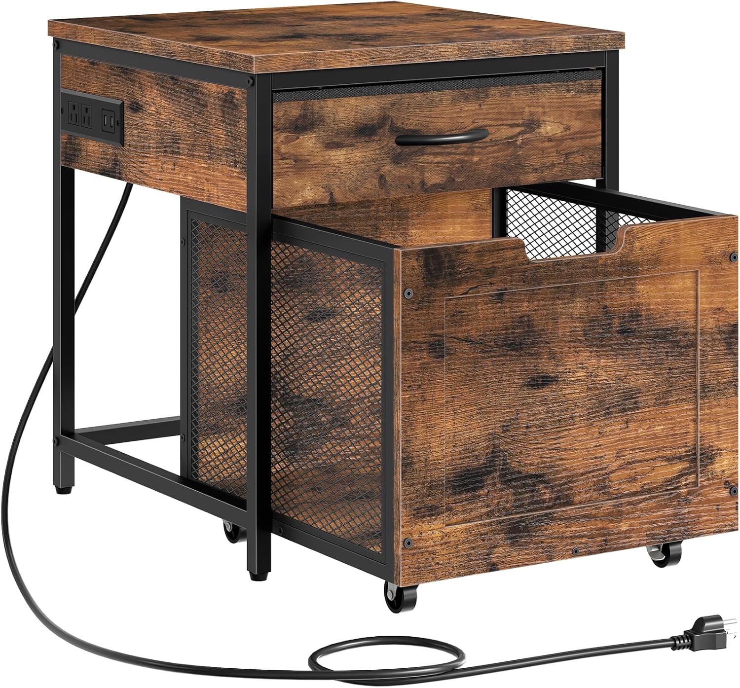 CHOEZON Mini Fridge Stand with Power Outlet, Large Side Table with 2AC and 2 USB Ports, Mobile Beverage Cart with Fabric Drawer for Dorm, Kitchen, Living Room, Rustic Brown and Black TBZ56UBF