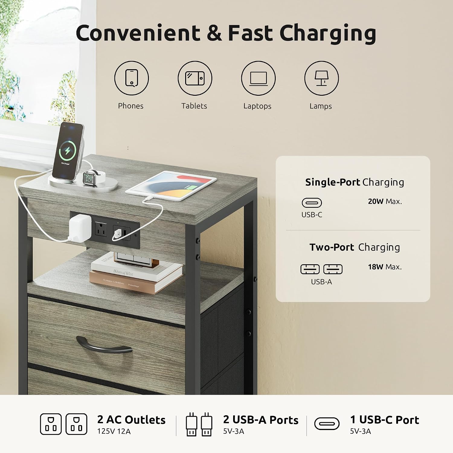 Lazzanto Night Stand with Charger Station, 4 Fabric Drawers, Grey | Nightstand, Bedside Table, Open Shelf, Built in USB-A, USB-C Port & AC Outlets, For Bedroom, Dorm, Living Room