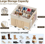 2 Pack Large Shoe Organizer for Closet, 32 Pairs Shoe Storage Box with 360° Wheels & Reinforced Handles, Adjustable Dividers, Clear Cover, Side Pocket, Foldable Oxford Fabric Bin for Entryway, Beige