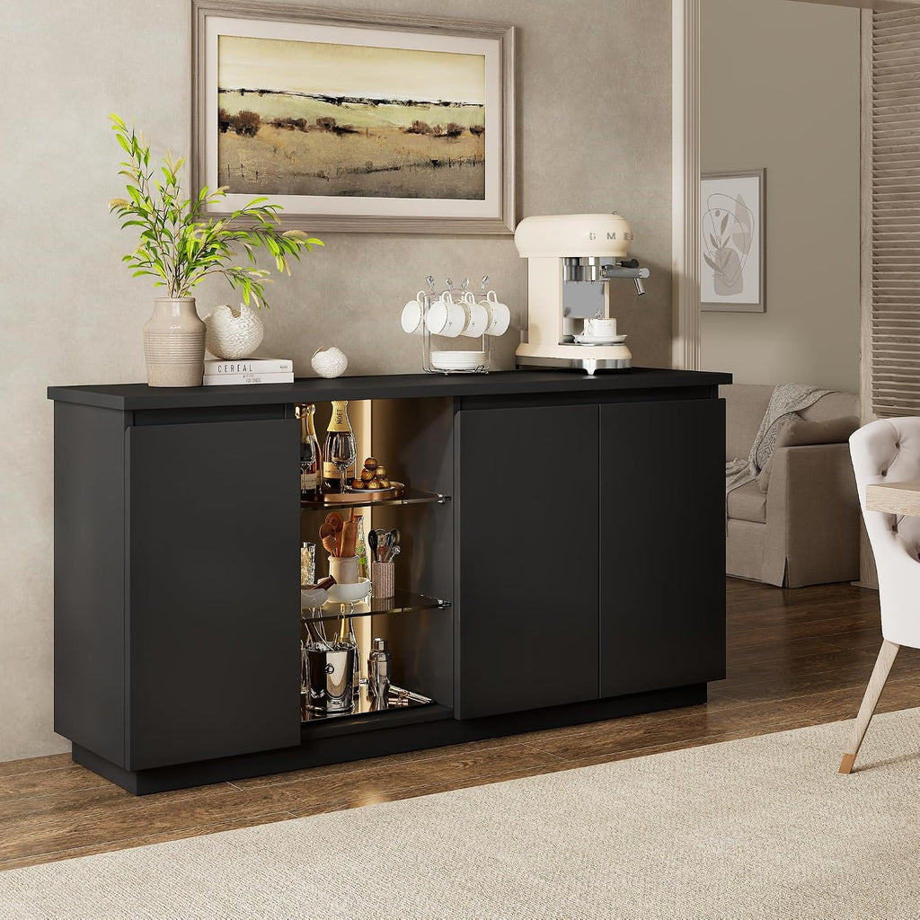 iPormis Sideboard Buffet Cabinet with Storage & LED Lights, Modern Credenza Sideboard With Doors and Adjustable Shelves, 60" Coffee Bar Table Storage Cabinet for Dining Room Kitchen Living Room, Black