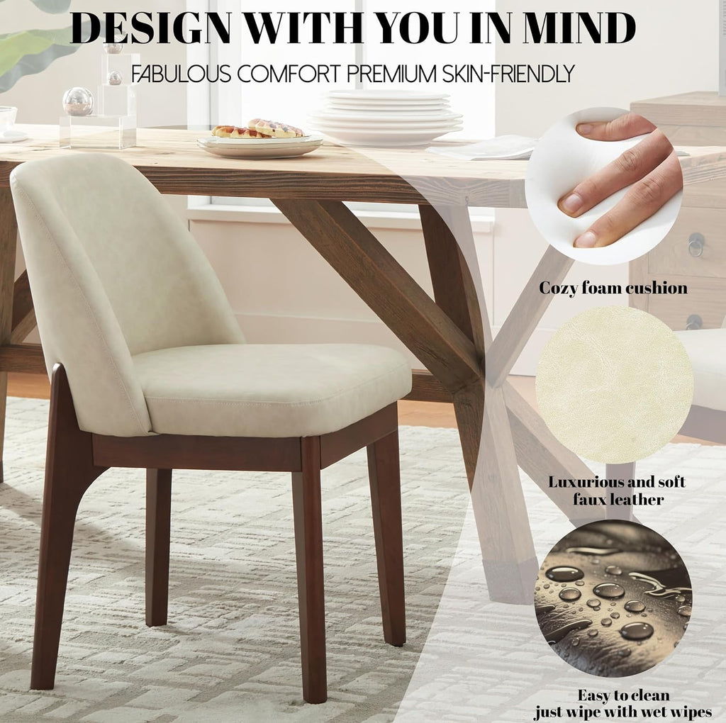 VKNOW Dining Chairs Set of 4, Faux Leather Wooden Kitchen Chairs, Beige | Modern Upholstered Side Chair with Rubberwood Legs for Kitchen Dining Room Restaurant, No Wobble