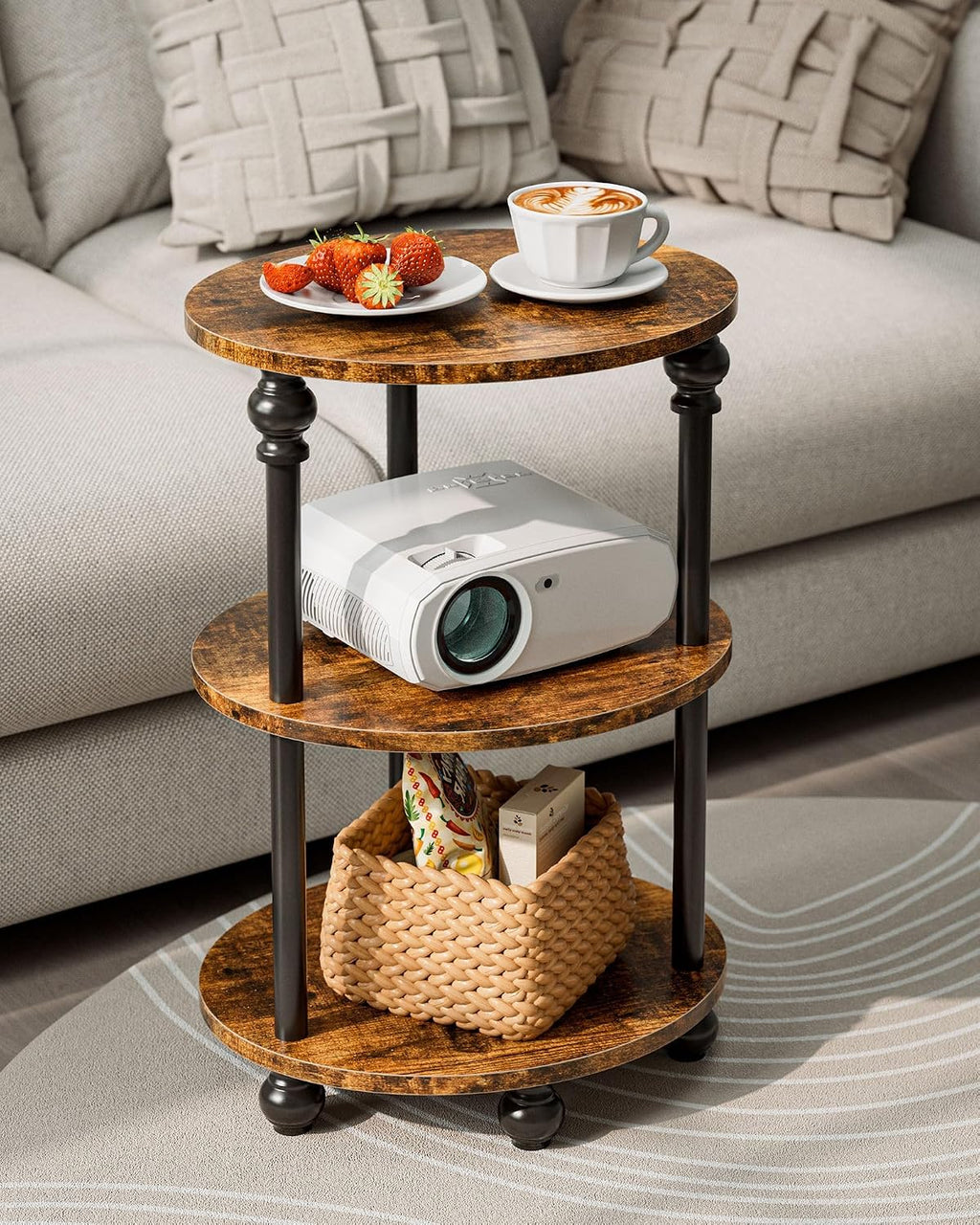 Small Round Side Table - 3 Tier Accent End Table for Narrow Spaces, Sturdy Metal Frame with Wood Finish and 44 Lbs Capacity per Shelf, Nightstand or Bedside Use for Living Room, Rustic Brown