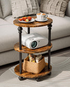 Small Round Side Table - 3 Tier Accent End Table for Narrow Spaces, Sturdy Metal Frame with Wood Finish and 44 Lbs Capacity per Shelf, Nightstand or Bedside Use for Living Room, Rustic Brown