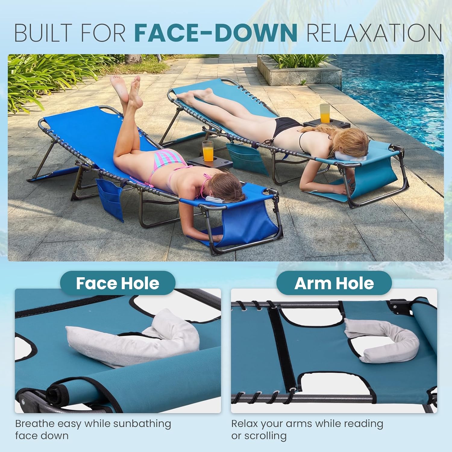 FUNDANGO Heavy Duty Tanning Chair with Face Hole & Canopy, 400lbs Beach Lounge Chair with Side Table, 5-Position Sun Lounger for Outdoor Patio Pool-Face Down Chaise with Anti-Pinch Safety Lock,Cyan