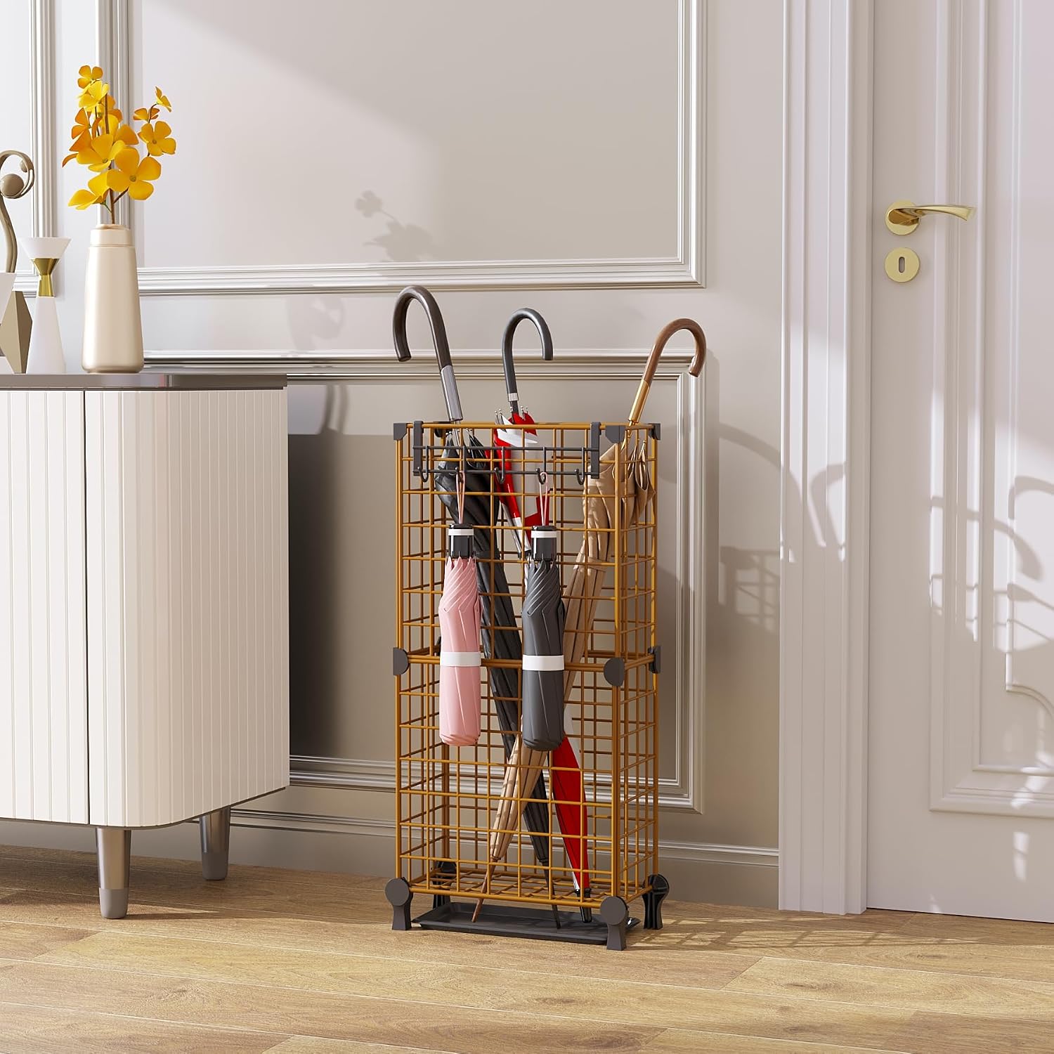 AWTATOS Umbrella Holder Entryway, Umbrella Stand Freestanding, Brown | Metal Square Umbrella Rack Organizer with a Removable Drip Tray, Hooks