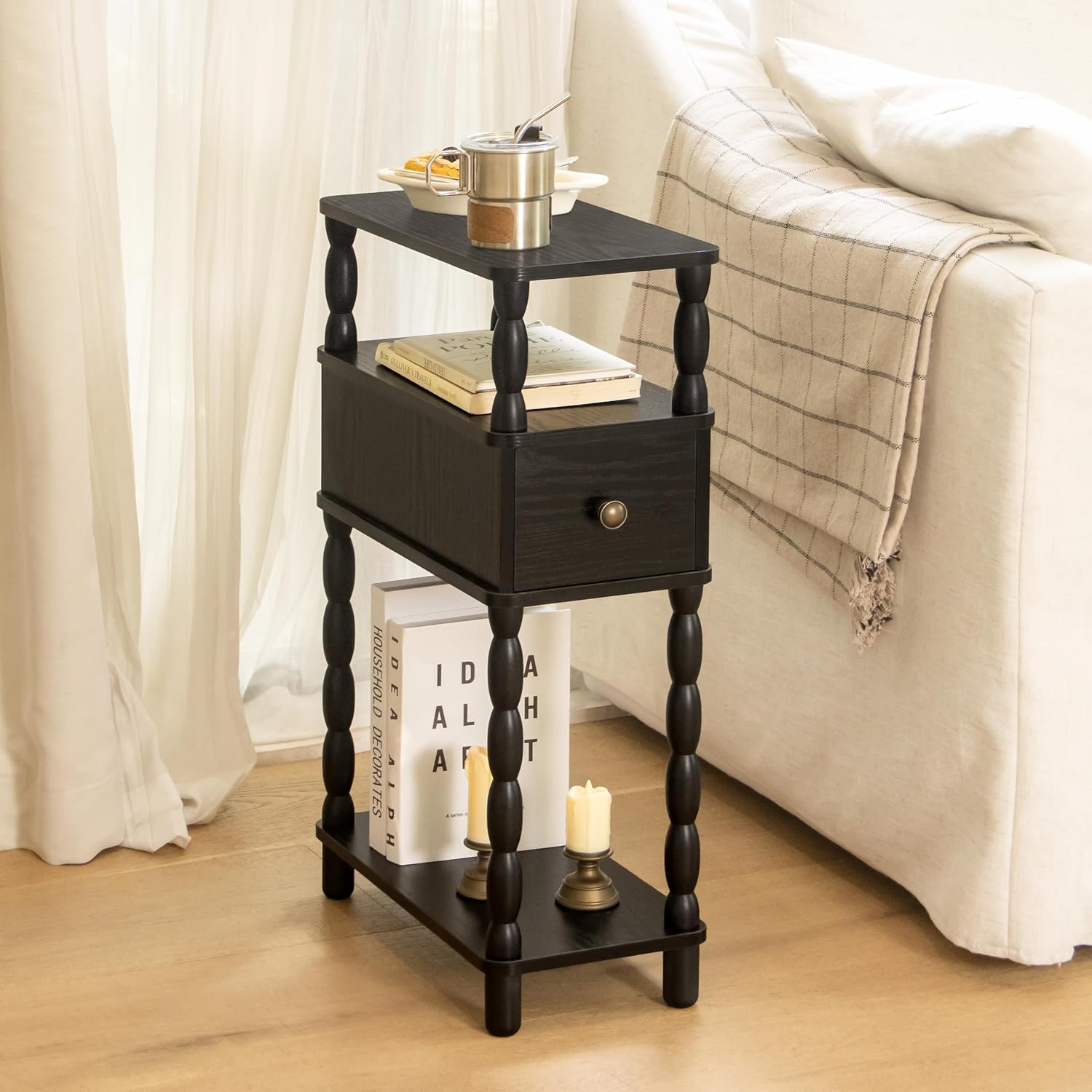 MaxSmeo Black Narrow Side Table, Narrow End Table with Storage, Skinny Small Nightstand with Drawer for Bedroom, Living Room, Small Spaces (Black)