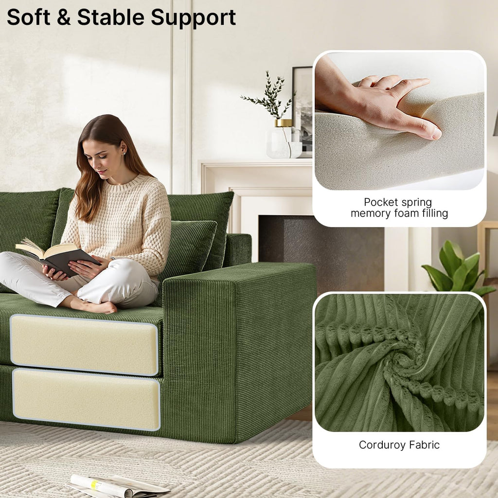 80" Sectional Couches for Living Room,Customizable Boneless Couch, Convertible Modular Sectional Sofa Bed, Plush Corduory Sleeper Sofa, Folding Futon L Shaped Couch No Assembly(Green)