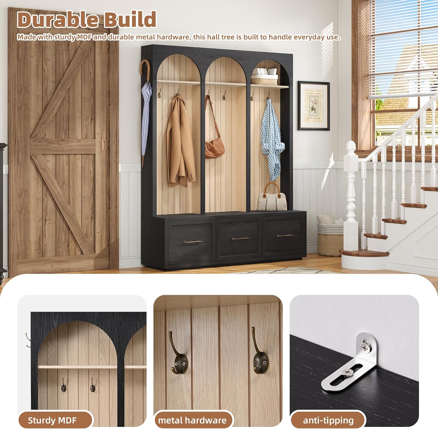 Merax Farmhouse Wood Hall Tree with 8 Hooks and Storage Shoe Bench, Arched Mudroom Versatile Coat Racks with 3 Drawers, Entrance Organizer for Hallway Black