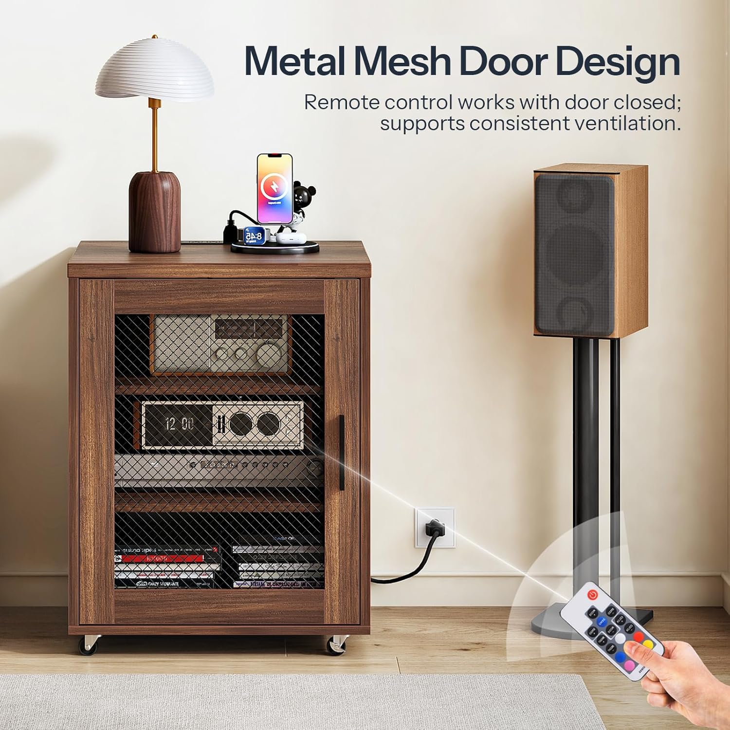 CHOEZON Media Cabinet with Charging Station, Stereo Cabinet with Wheels, Audio-Video Media Stand with Adjustable Shelves and Mesh Door, AV Rack for Living Room, Home Theater, Walnut MBZ23UHT
