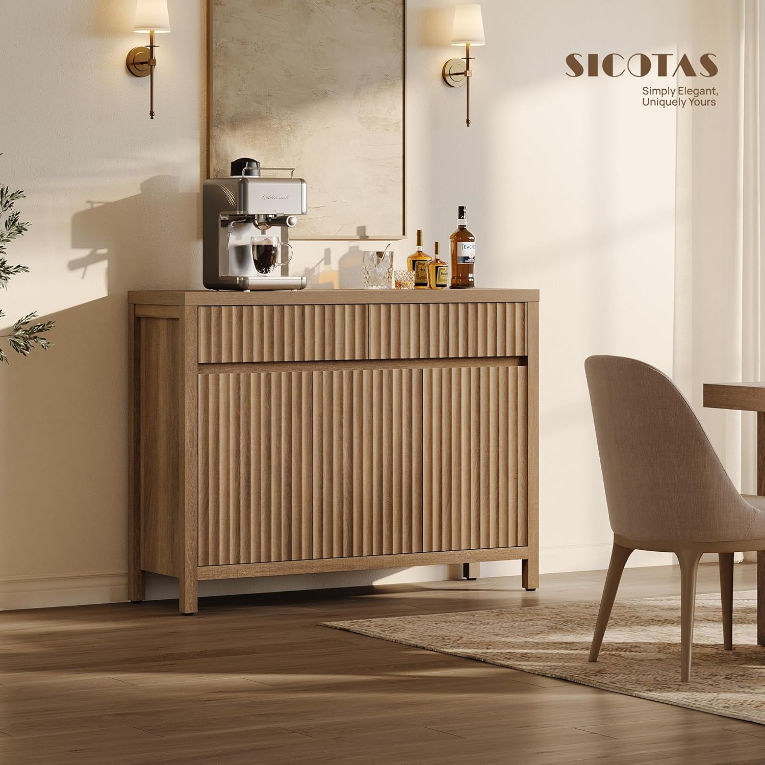 SICOTAS Fluted Sideboard Buffet Cabinet with Storage – Extra Large Credenza Accent Cabinet with 2 Drawers and 3 Doors, 84" Modern Entryway Cabinet Console with Adjustable Shelves for Living Room