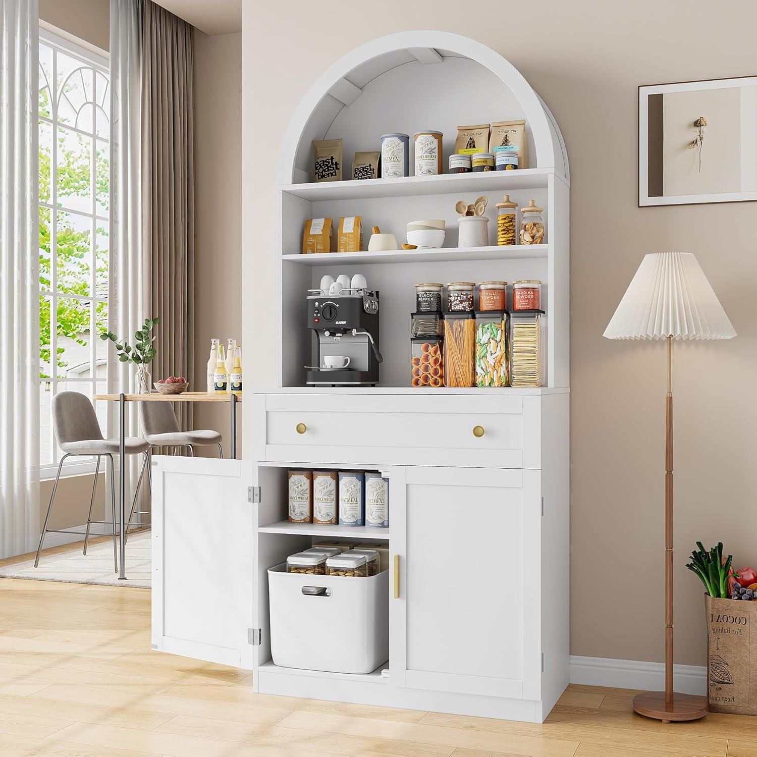 71" Tall Arched Kitchen Pantry Cabinet, Modern Kitchen Storage Cabinets with Hidden Drawer and Spacious Countertop, Wooden Storage Pantry Cabinet for Living Room, Dining Room, White