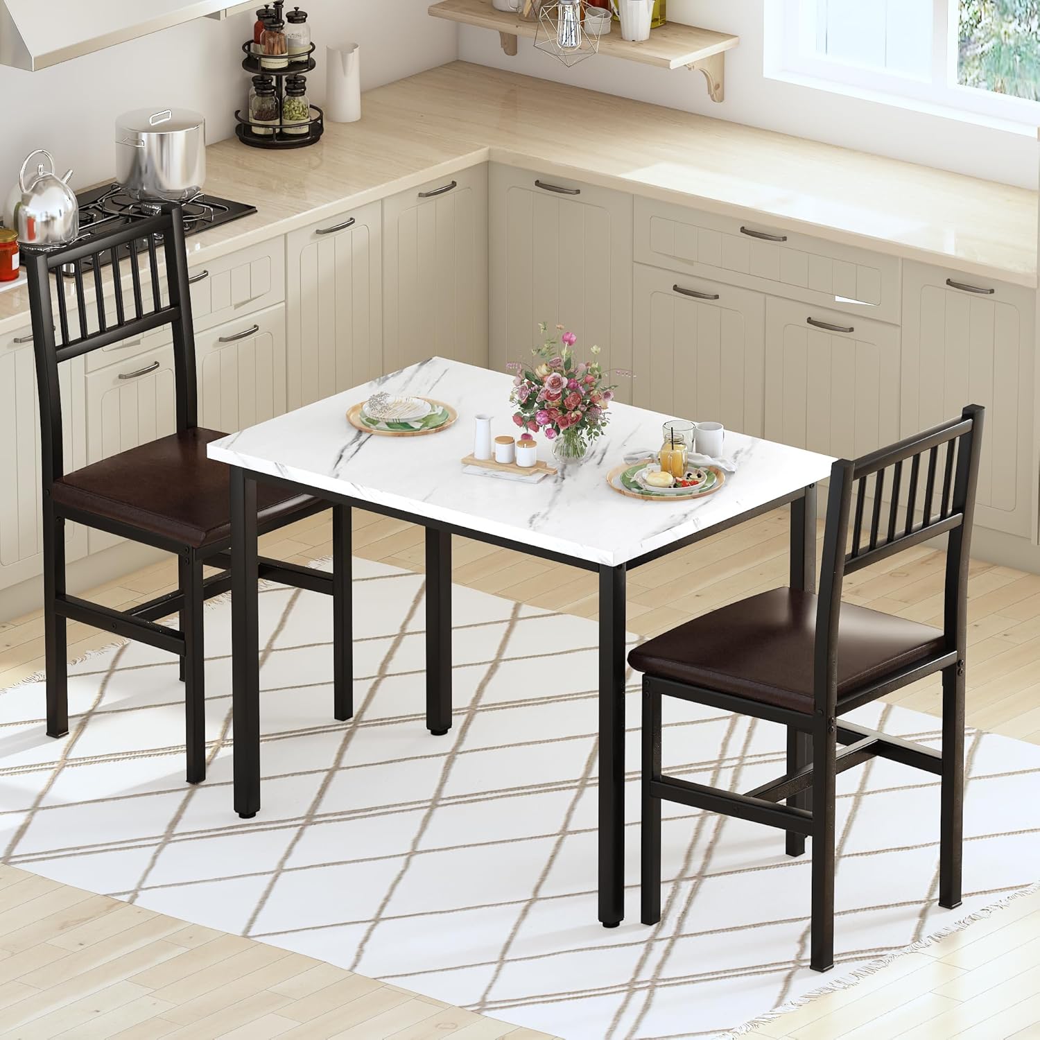 AWQM 3 Piece Dining Table Set for 2, Small Kitchen Table Set for 2 with Chairs,Wood Breakfast Nook Table and Chairs Set of 2,Dinette Set for Small Space,Dining Room,Apartment, White
