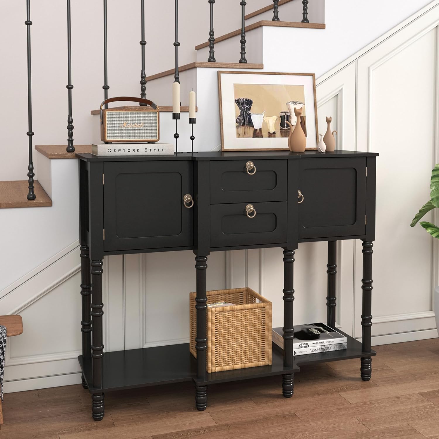 Black Entryway Table with Storge, Mid-Century Modern Console Table with 2 Drawers, Retro Narrow Long Behind Couch Sofa Table for Living Room, Foyer, Hallway