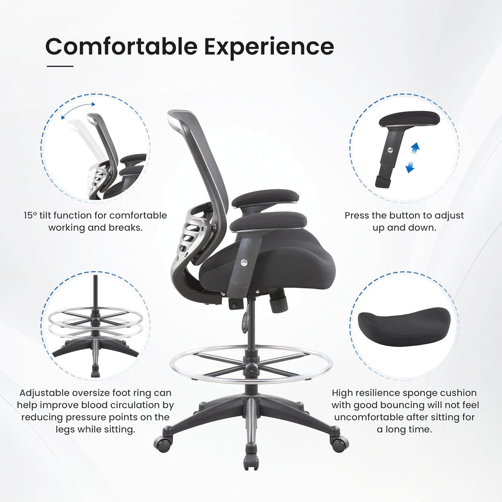 BOLISS 400lbs Mid Back Mesh Ergonomic Drafting Chair for Standing Desk Office Wide Chair Built-in Lumbar Support Big Adjustable Foot Ring Height Adjustable Armrest (Black)