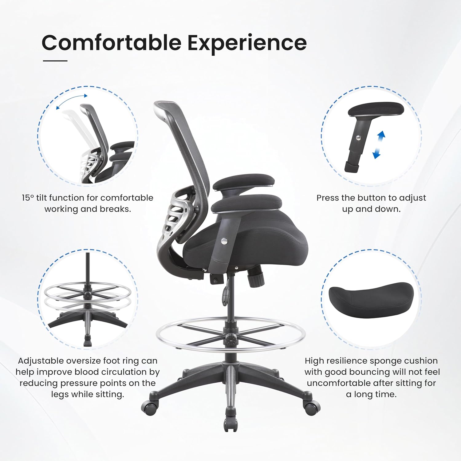BOLISS 400lbs Mid Back Mesh Ergonomic Drafting Chair for Standing Desk Office Wide Chair Built-in Lumbar Support Big Adjustable Foot Ring Height Adjustable Armrest (Black)