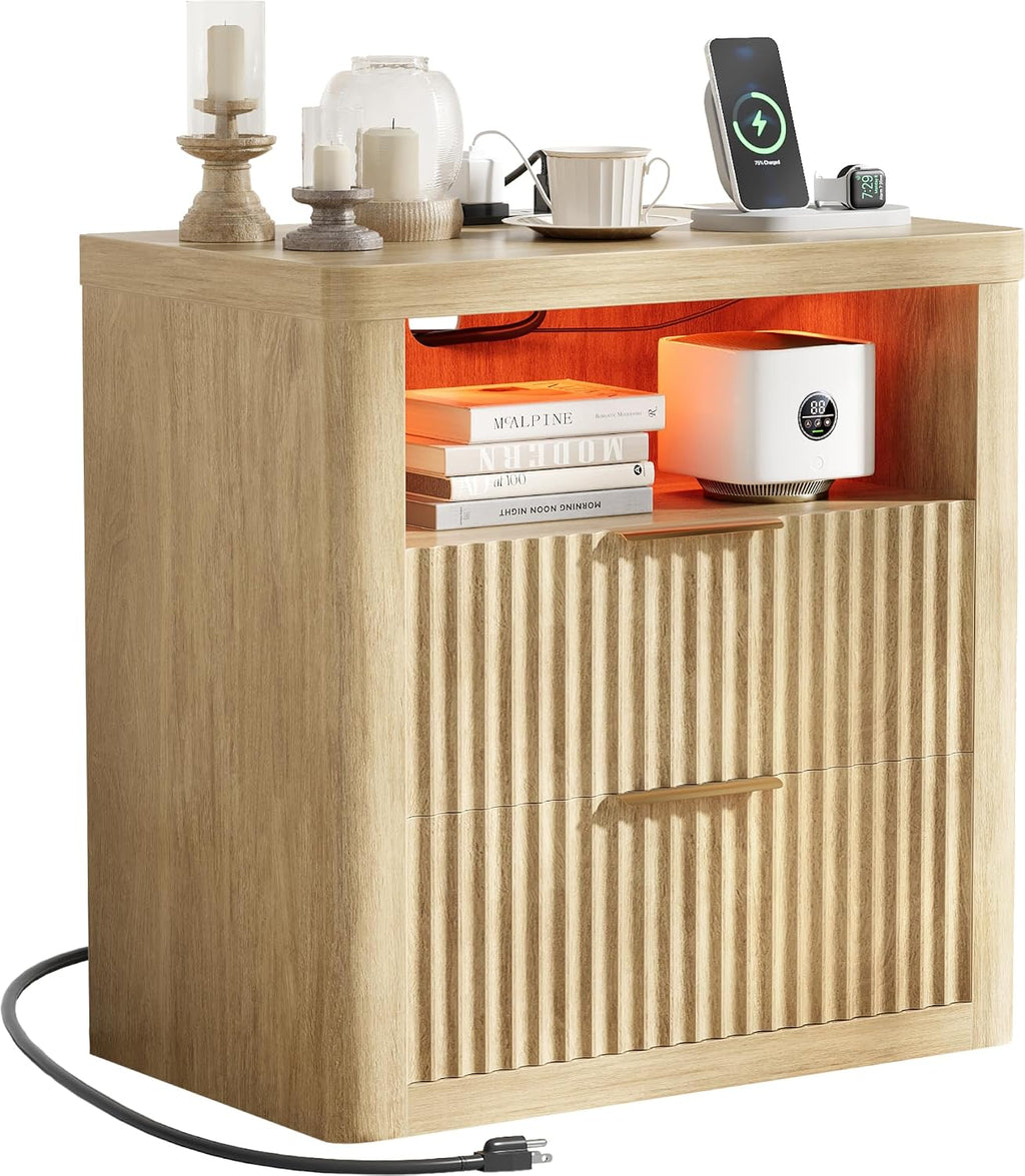 JUMMICO Fluted Nightstand with Charging Station & RGB Lights,Wooden End Table with 2 Deep Drawers & Open Storage Shelf,Thickened Top,Modern Bedside Table for Bedroom,Living Room,Wood