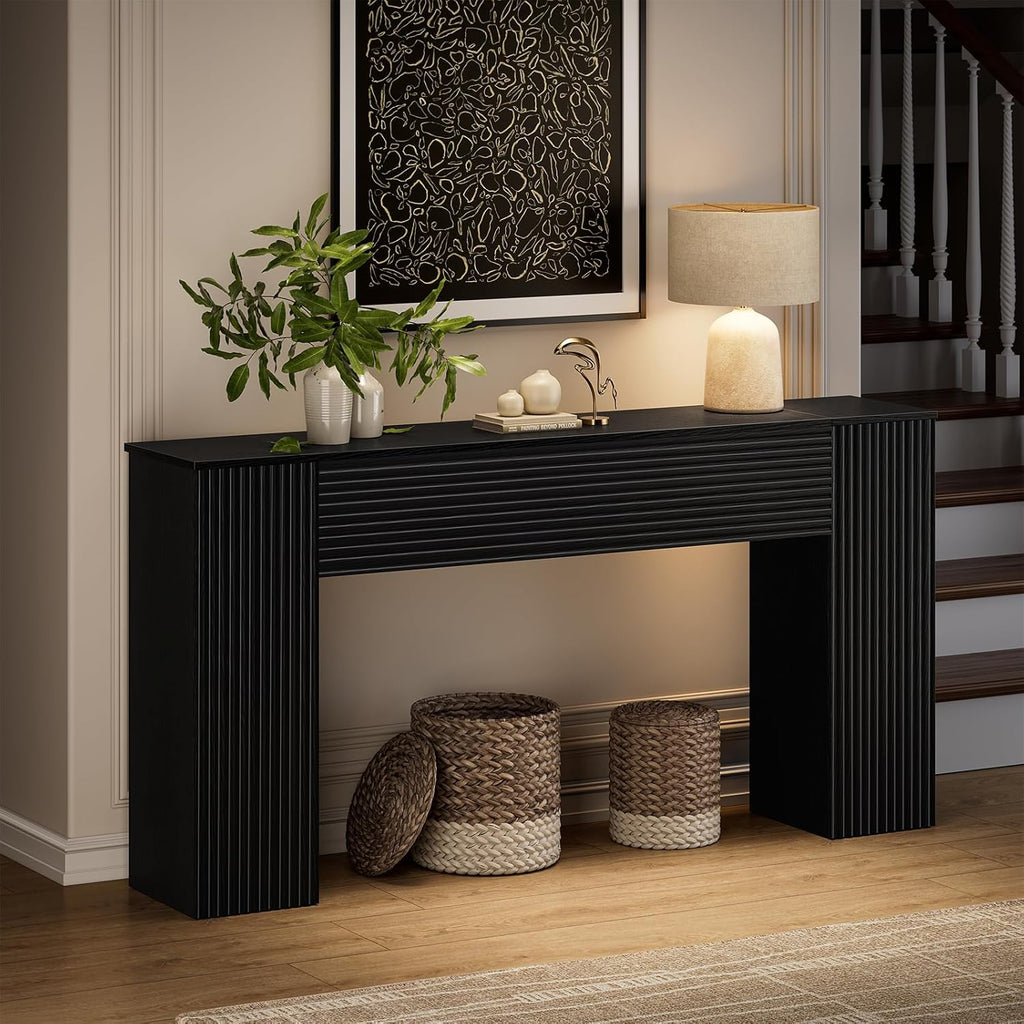 FABATO 61'' Fluted Long Console Table, Wooden Rectangular Sofa Table Behind The Couch, Narrow Entryway Table with 2 Hidden Storage Cabinets for Entrance, Hallway, Living Room, Foyer, Black