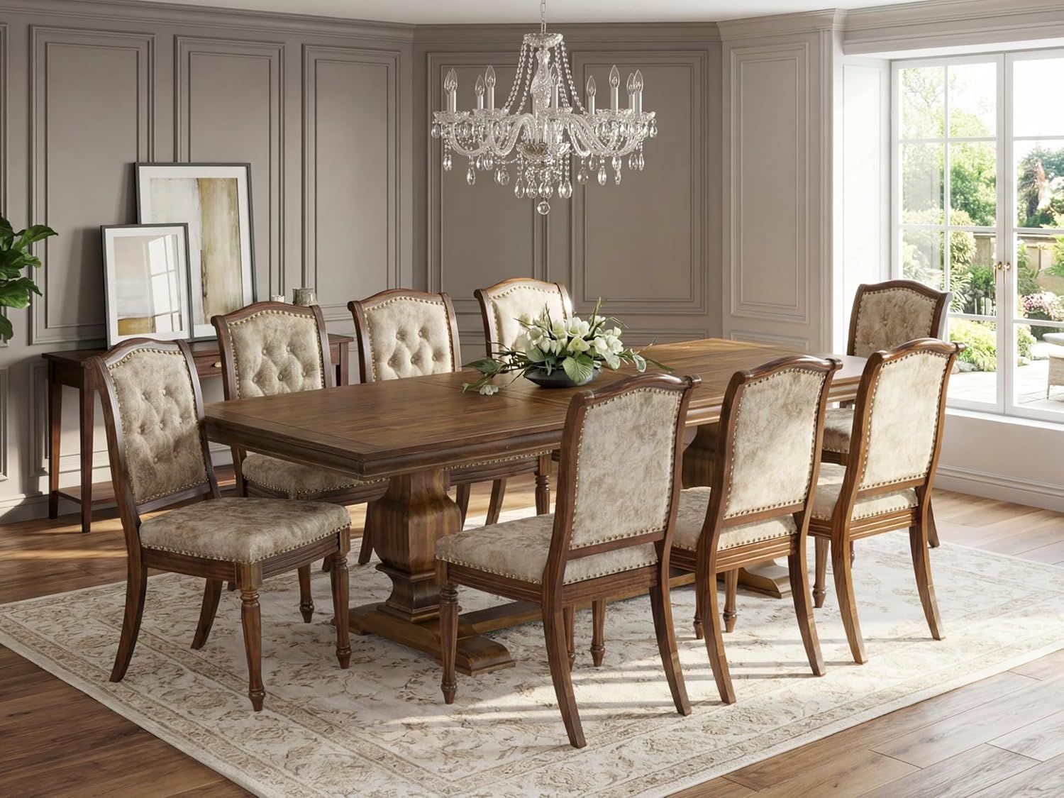 LKMA9-AWA-36 9 Pieces Dining table set includes a Rectangular Dining Table and 8 Light Beige Polyester Fabric Dining Room Chairs, Antique Walnut finish
