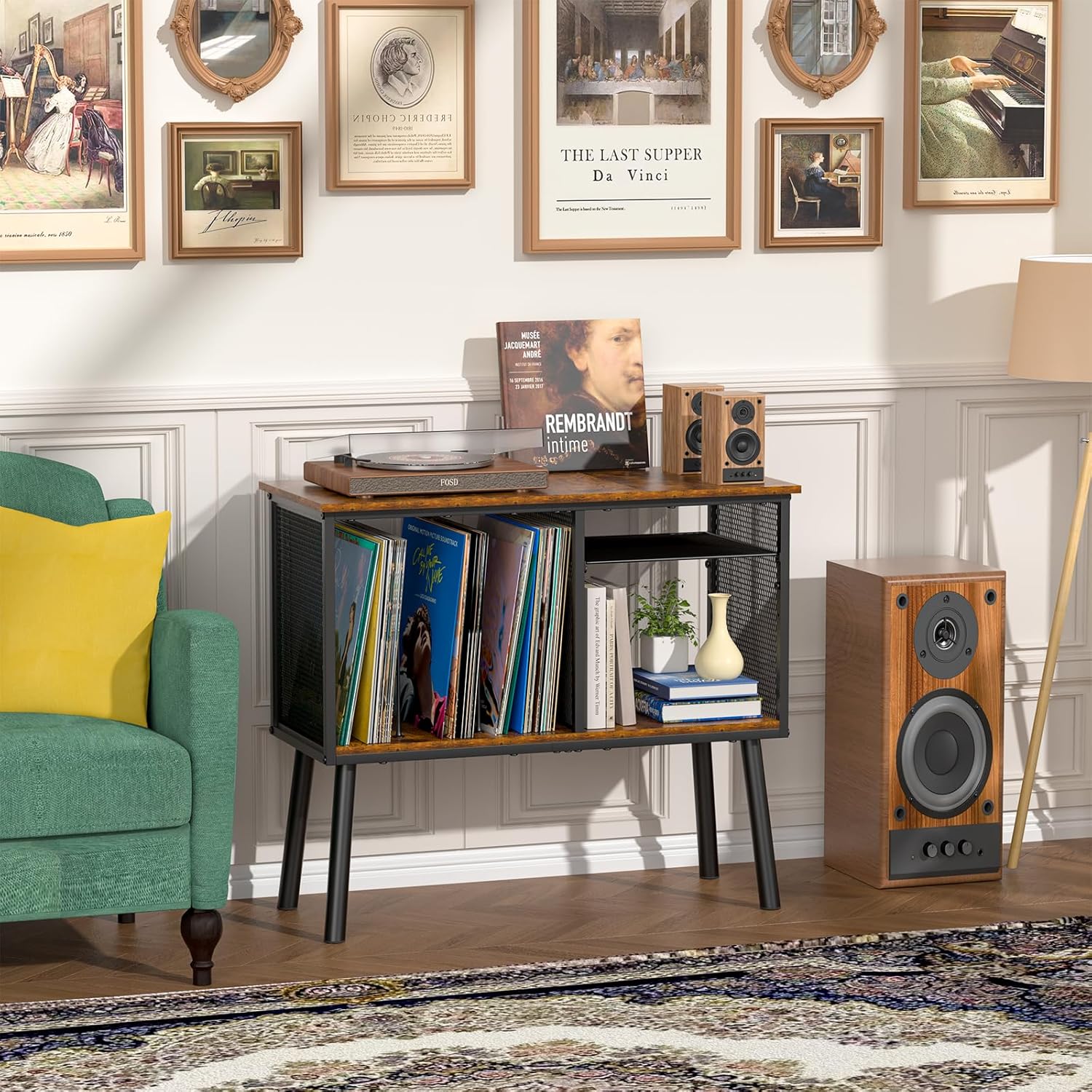Record Player Stand with Adjustable Divider Vinyl Storage Holder Up to 200 Albums Mid-Century Large Record Player Table Vinyl Holder Turntable Stand End Table for Bedroom & Living Room, Patent Pending