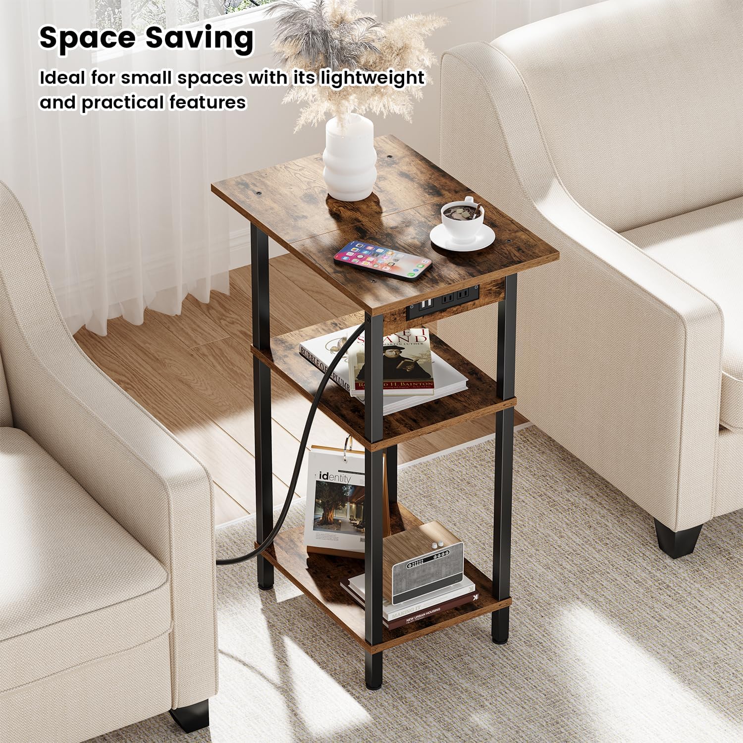 Asgolion Tall End Table with Charging Station, Skinny Nightstand with USB Ports and Outlets, 3 Tier Narrow Side Table with Storage for Bedroom, Living Room, Office, Rustic Brown and Black