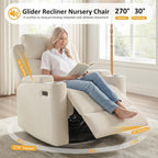 Oversized Nursery Glider Rocking Chair, 270° Swivel Glider Recliner Chair with USB & Type-C Ports, Cup Holders & Armrest Storage, Soft Chenille Nursery Chair for Living Room, Bedroom
