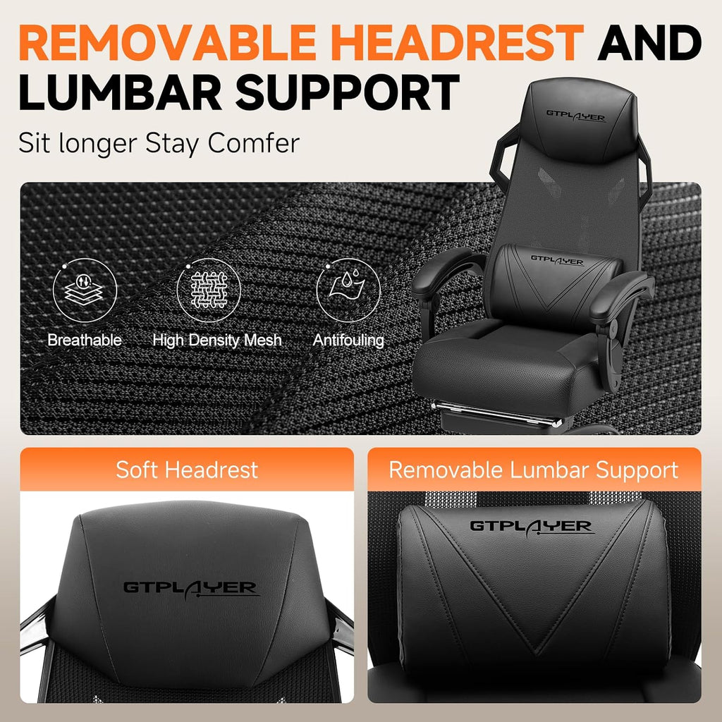 GTPLAYER Computer Chair with Adjustable Footrest, Ergonomic Gaming Chair with Headrest and Lumbar Support, Breathable Mesh Office Chair for Adults, High Back Reclining Desk Chair for Gaming and Office