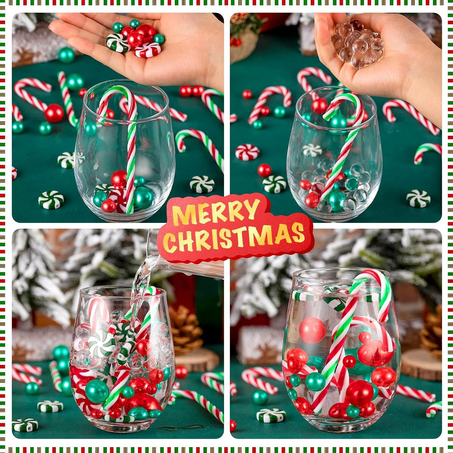 120 Pcs Christmas Vase Filler, Floating Green Red Fake Candy Cane Beads Pearls for Vases for Table Decorations Centerpieces