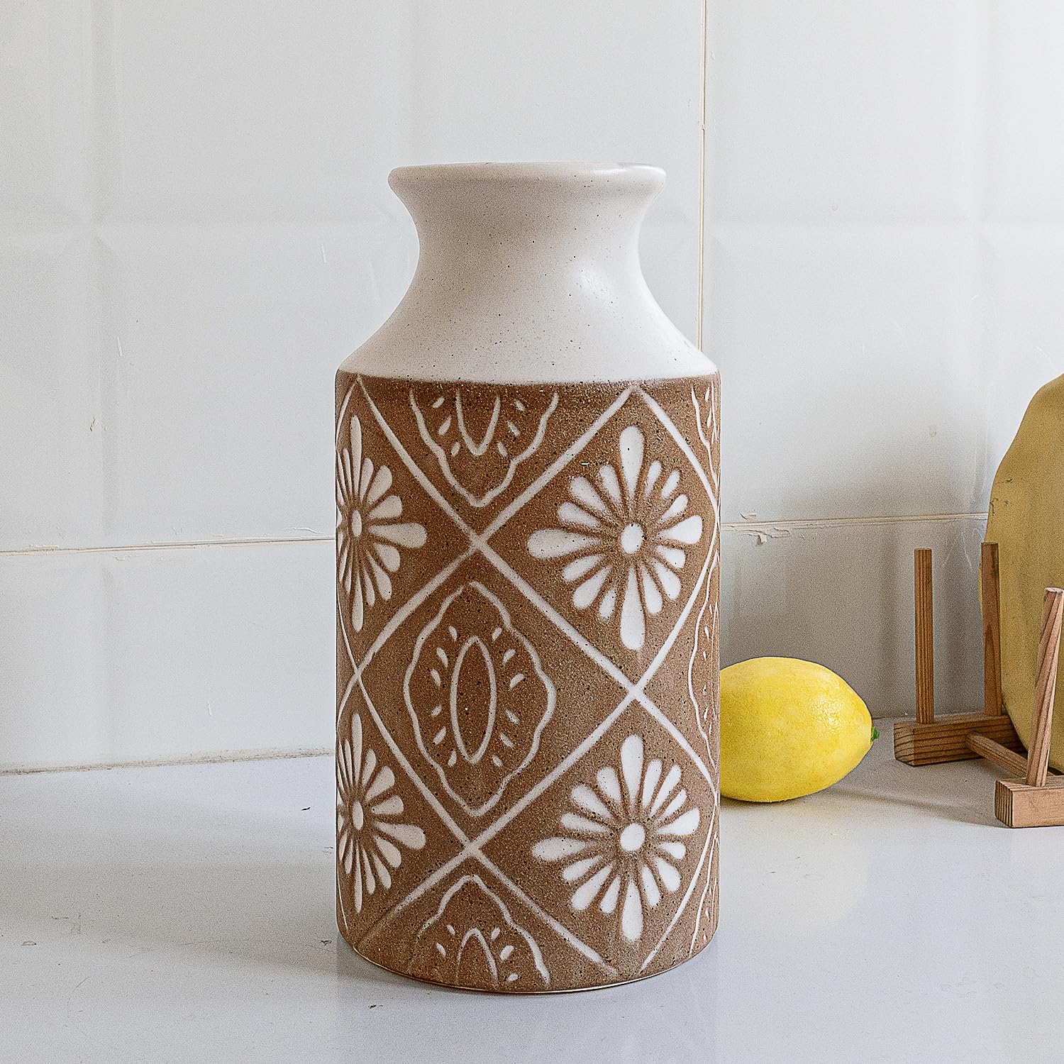 Rustic Ceramic Vase Set of 2 for Living Room Bedroom 11.02'' and 9.05'' Large Unique Flower Vases for Home Decor Office Centerpieces Fireplace Vintage Antique Farmhouse Modern Gift for Plant