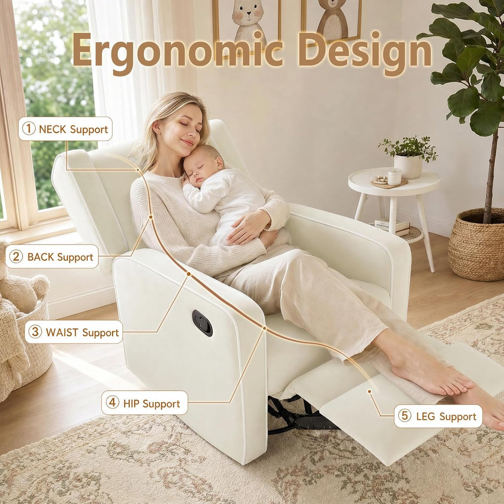 SweetGO Nursery Glider Recliner, 360° Swivel Microfiber Rocker w/Footrest | Ergonomic lumbar support, quiet glide, reinforced frame, tool-free assembly, 135° recline