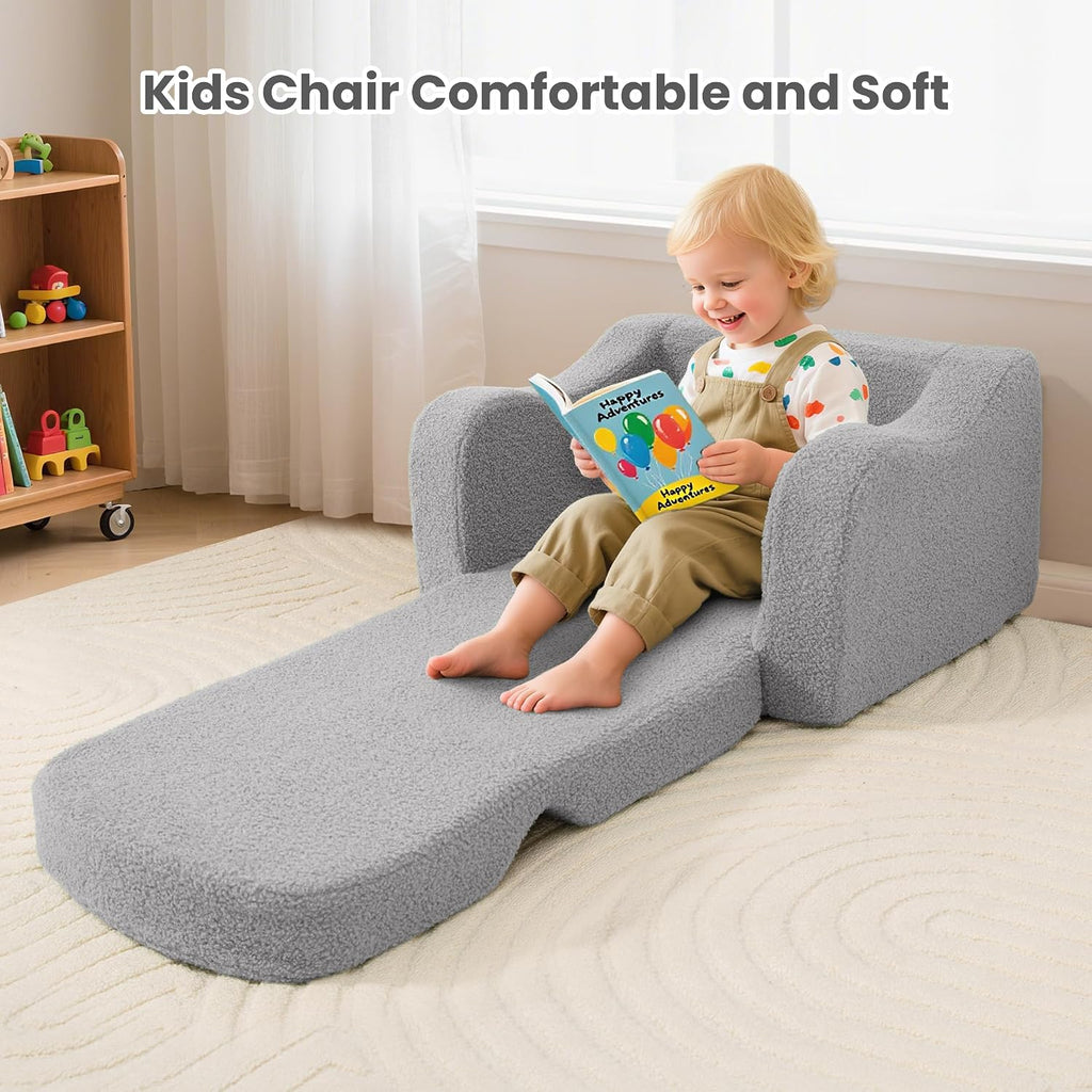 Airpanda Cozy Kids Sofa Chair, 2-in-1 Fold-Out Kids Couch for 3-7 Years Old Girls and Boys, Convertible Soft Children's Sofa, Removable Washable Cover,Light Grey