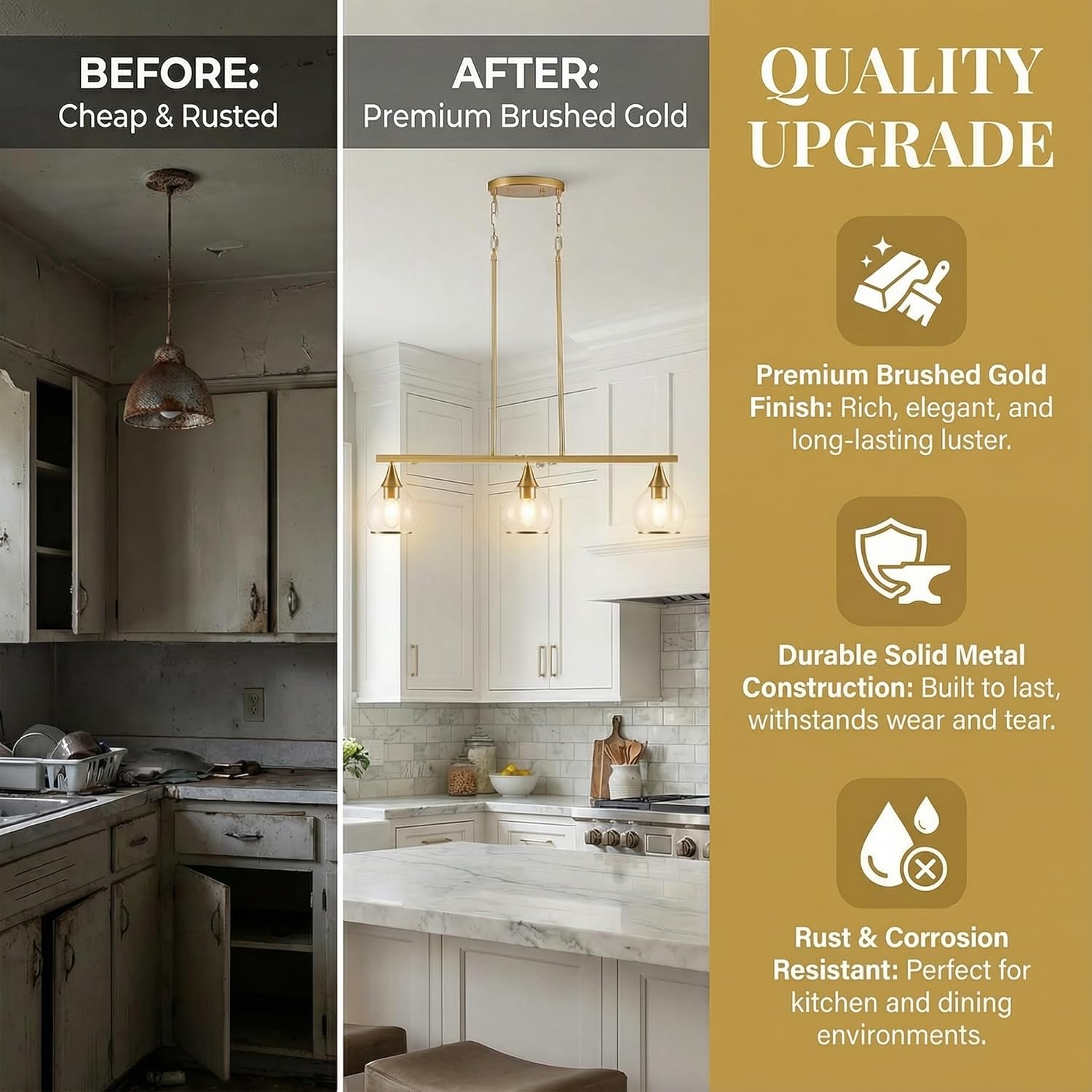 Kitchen Island Linear Pendant Light, 3-Light Gold Dining Room Chandelier with Clear Glass Globe Shades, Modern Linear Lighting Fixture Over Table