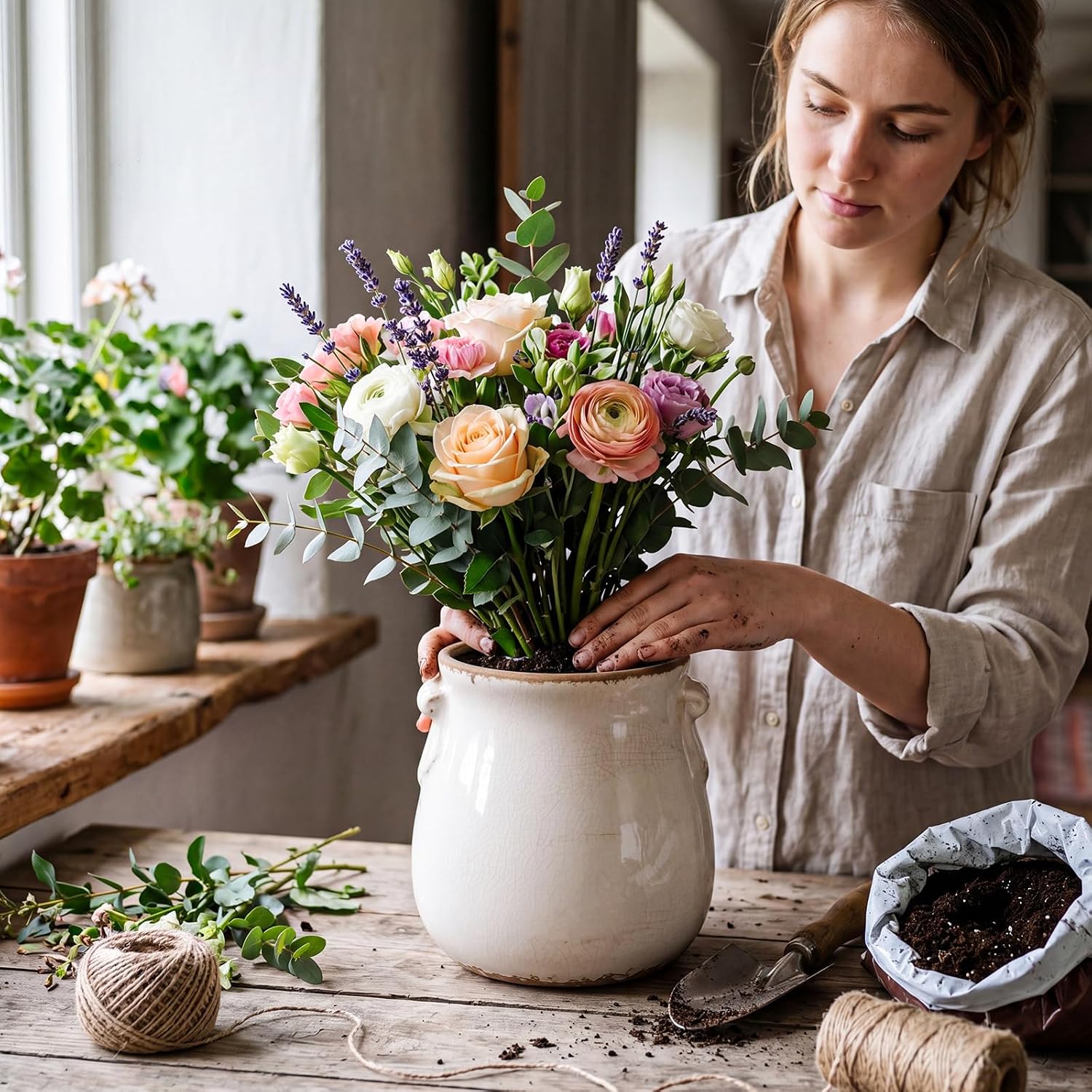 Ceramic Scroll Planter 6.5 Inch Chinoiserie Floral Vase with Drainage Holes Vintage Flower Vase Flower Pot Rustic Ceramic Pots for Indoor Plants Garden Home Bookshelf Decor (Pure White)