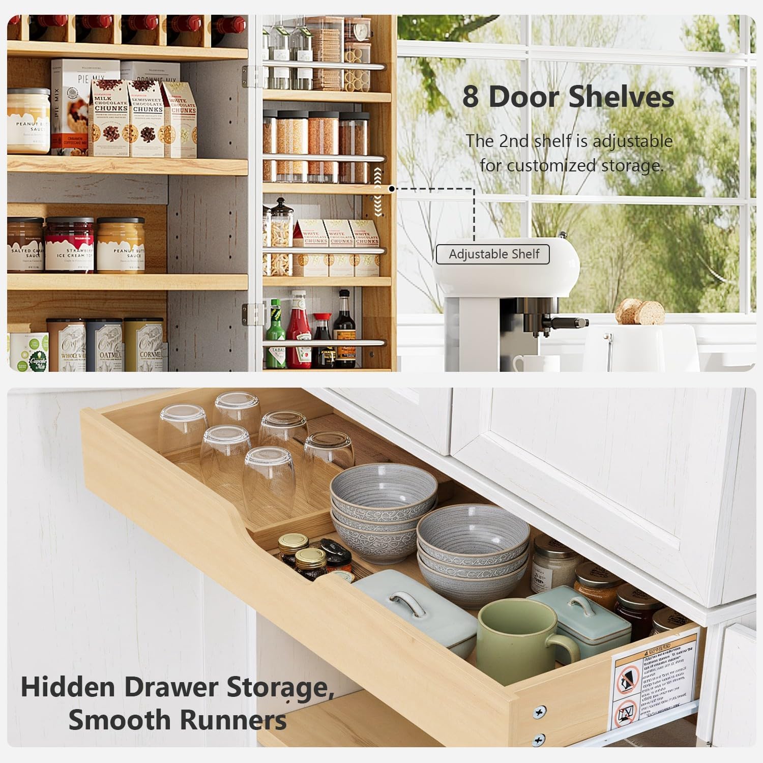 Merax 78.2" Tall Kitchen Pantry Storage Cabinet, Farmhouse Freestanding Large Cupboard with Hidden Drawer, Cabinet, 4 Adjustable Shelves, 8 Door-Shelf & 7 Wine Rack for Dining Room, White