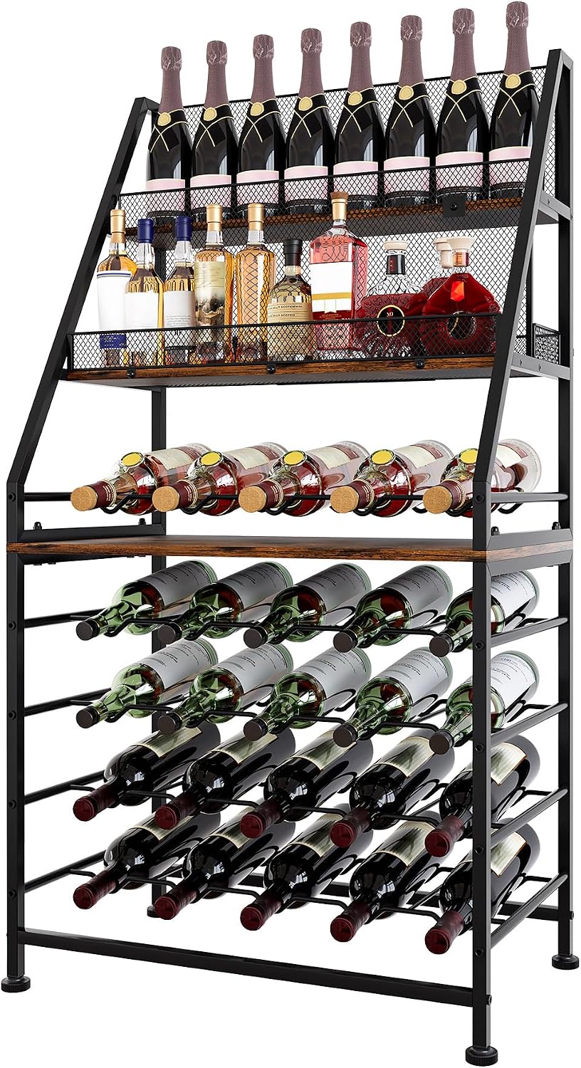 TQVAI Wine Rack Freestanding Floor Modular Split 40 Bottles Vertical Countertop Wine Racks Tall Liquor Bottle Display Shelf with Hidden Cork Organizer for Home Bar, Black/Antique