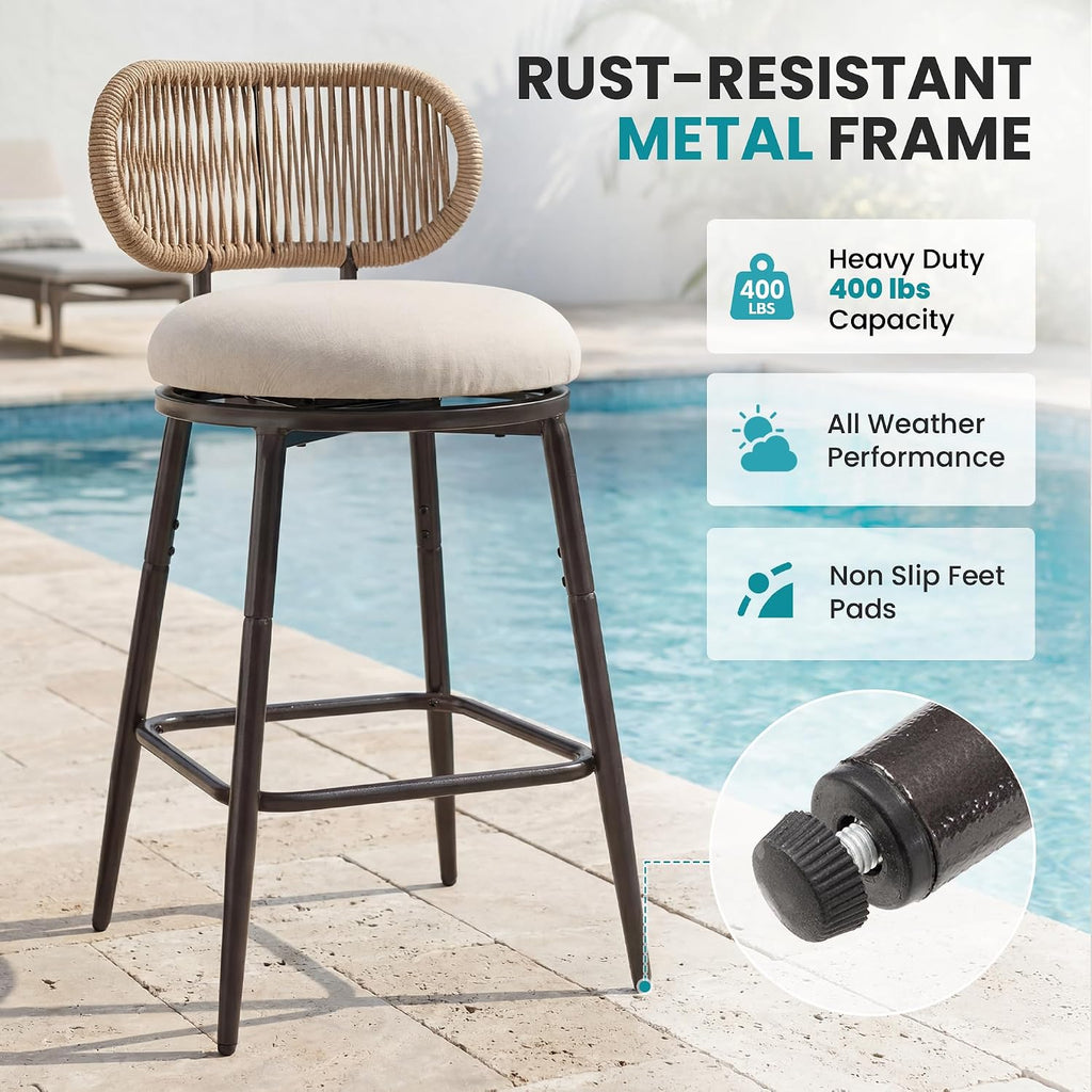 Swivel Outdoor Bar Chairs Set of 4, Hand-Woven Rope Patio Bar Stools with Removable & Washable Cushions, 360° Swivel Metal Frame, All-Weather High Top Chairs, 400 lbs Capacity, Beige