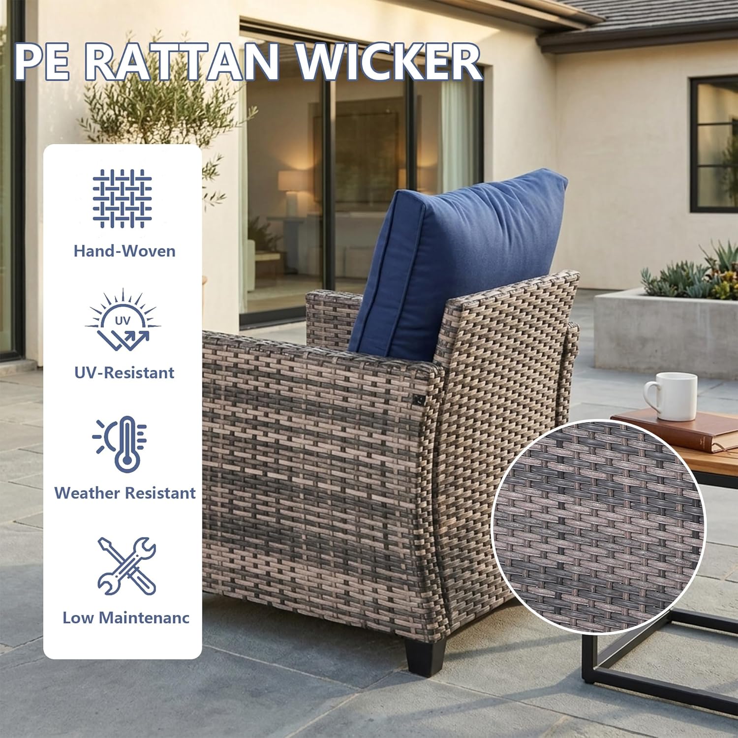 2 Piece Outdoor Patio Sofa Chairs Set, Wicker Armchairs with 4.3" Thick Cushions & High Backrests, All-Weather Rattan Porch Chairs, Patio Furniture Set for Balcony, Deck,(Blue)