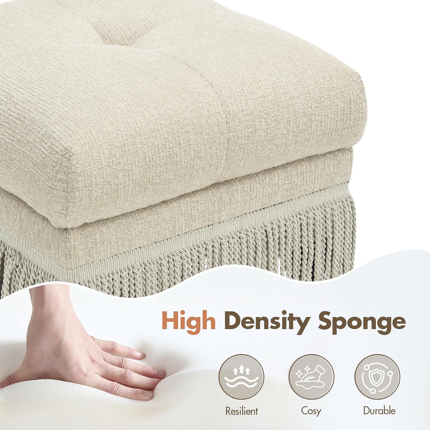 Hyfirm 22 Inch Square Beige Ottoman with Fringe for Living Room, Plush Modern Boho Upholstered Accent Pouf Ottomans Foot Rest for Bedroom, Footstool Ottoman End of Bed