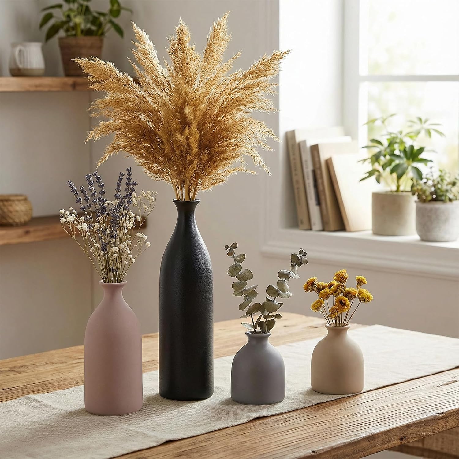 Dandat Brown Ceramic Vase Set of 4, Modern Ceramic Vases Neutral Colors Farmhouse Table Centerpiece for Dried Flowers, Living Room, Kitchen, Bedroom
