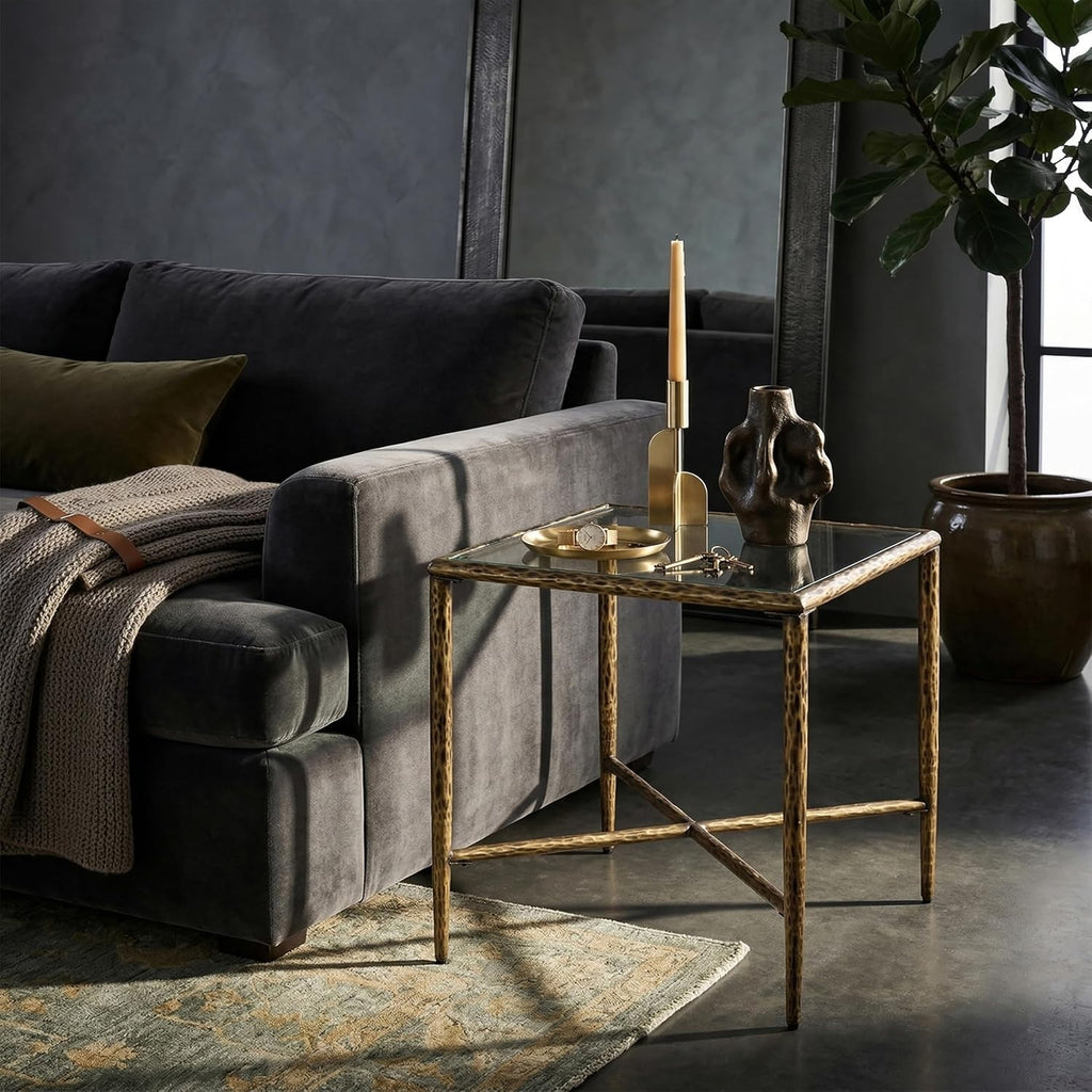 24/7 Shop at Home Lalia Modern Metal 18-inch Square Side Table with Forged Metal Base, Tempered Glass Top, Matte Gold