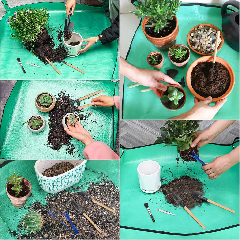 Plant Repotting Mat for Garden, 2 Pcs Waterproof Potting Mat Foldable Indoor Plant Mats Portable Square Gardening Mat Potting Tray with 6 Pcs Mini Garden Tools Set for Plant Lovers Gardening Gifts