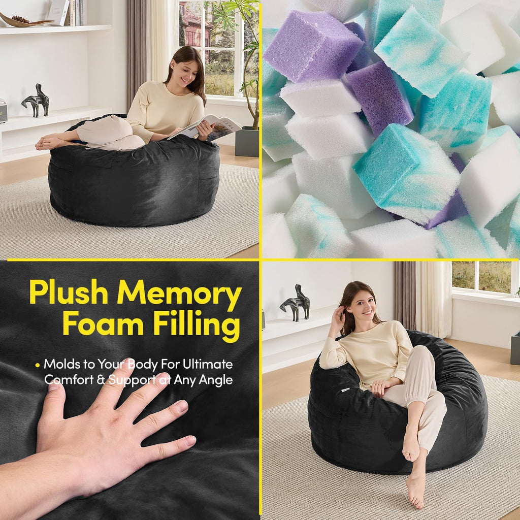 Bean Bag Chair 3ft Memory Foam Sack with Removable Velvet Cover, Ultra Soft Fabric, High Rebound Foam Filling, Portable Lazy Sofa for Adults & Teens, Black