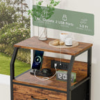 Furnulem Night Stand with Charging Station, 3 Fabric Drawers Bedside Table | Rustic Brown Dorm Nightstand For Bedroom, 28.3 Inch Tall, Usb Ports & Outlets, Side Table with Storage Shelf, 3 Ways to Use