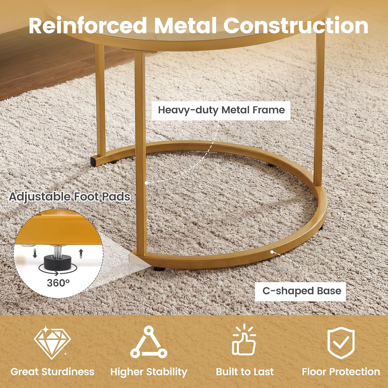 GOFLAME Nesting Coffee Tables Set of 2, Stacking Round Center Table with Wooden Tabletop & Powder Coated Steel Frame, Living Room Coffee End Table Set for Apartment, Bedroom (White & Gold)