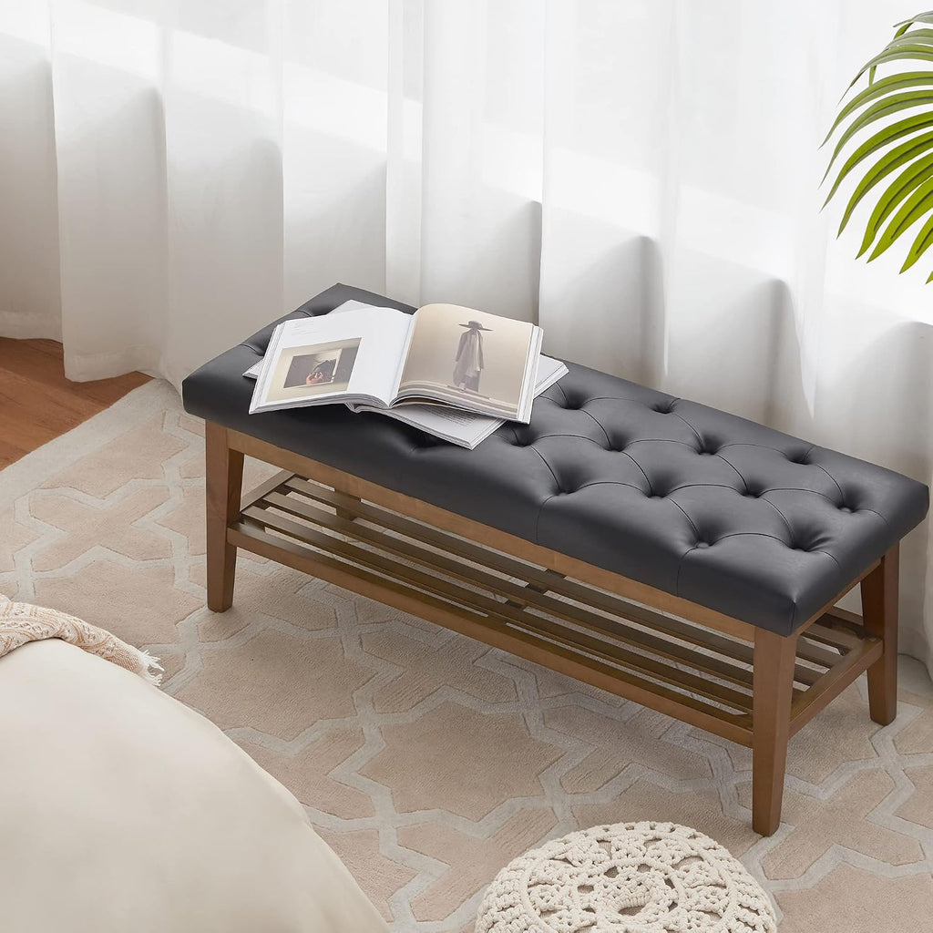 HUIMO Entryway Shoe Leather Bench, End of Bed Bench,PU Button-Tufted Indoor Bench,Ottoman Bench for Living Room, Padded Bench with Solid Wood Shelf,Kitchen Leather Seat Dining,Black